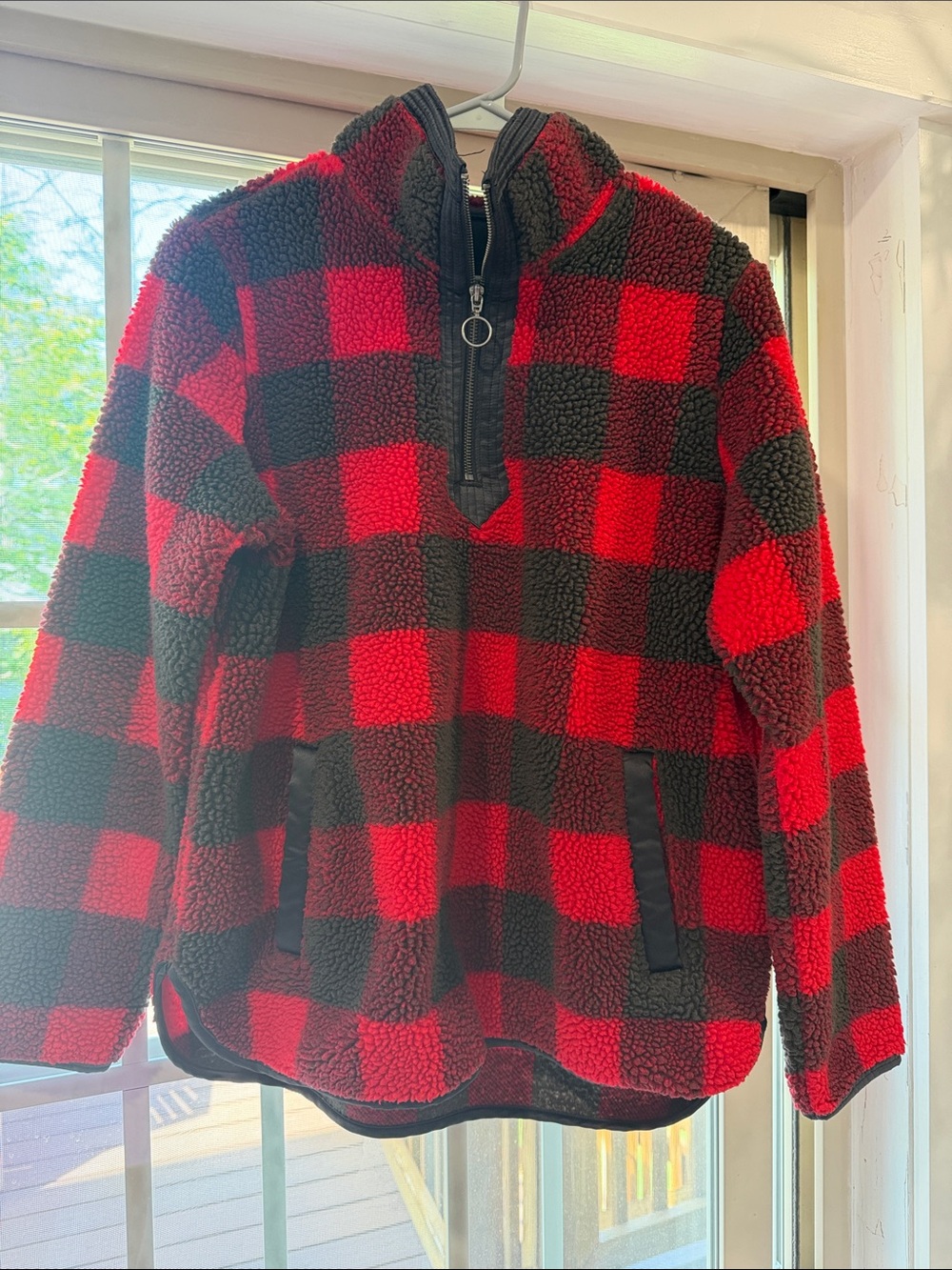 Abercrombie & Fitch Red and Black Plaid Sherpa-Lined Jacket